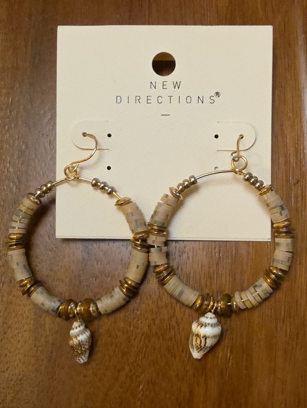 🌿 New Directions Gold and Beige Shell Hoop Earrings with Mixed Beads